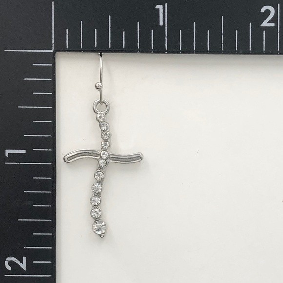 🌼 Silver Rhinestone Simple Cross Dangle Earrings Cross Earrings - Picture 2 of 2